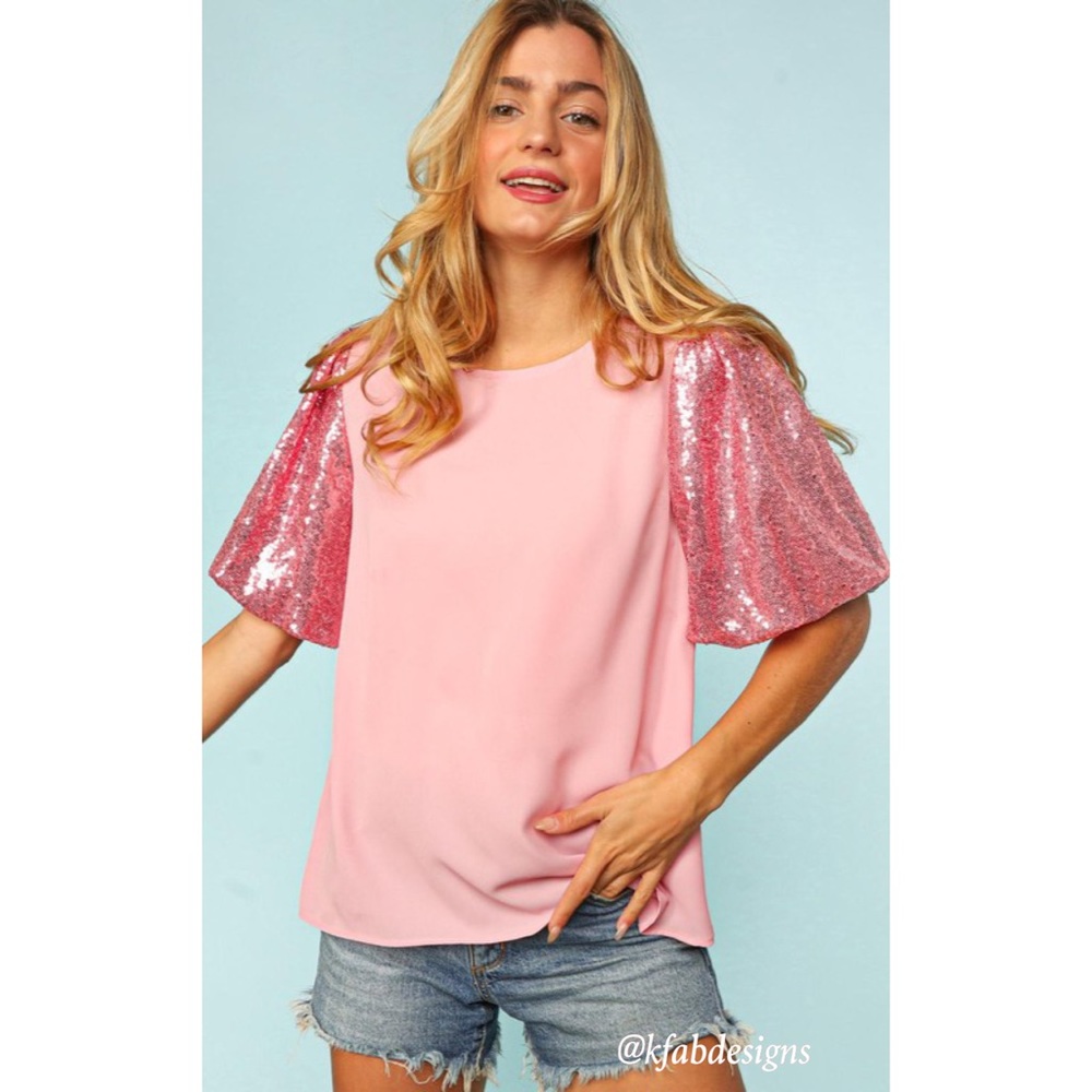 LAST 1! Bubble Gum Pink Puff Sequined Sleeve (Lined Sleeve) Top! - Picture 10 of 10